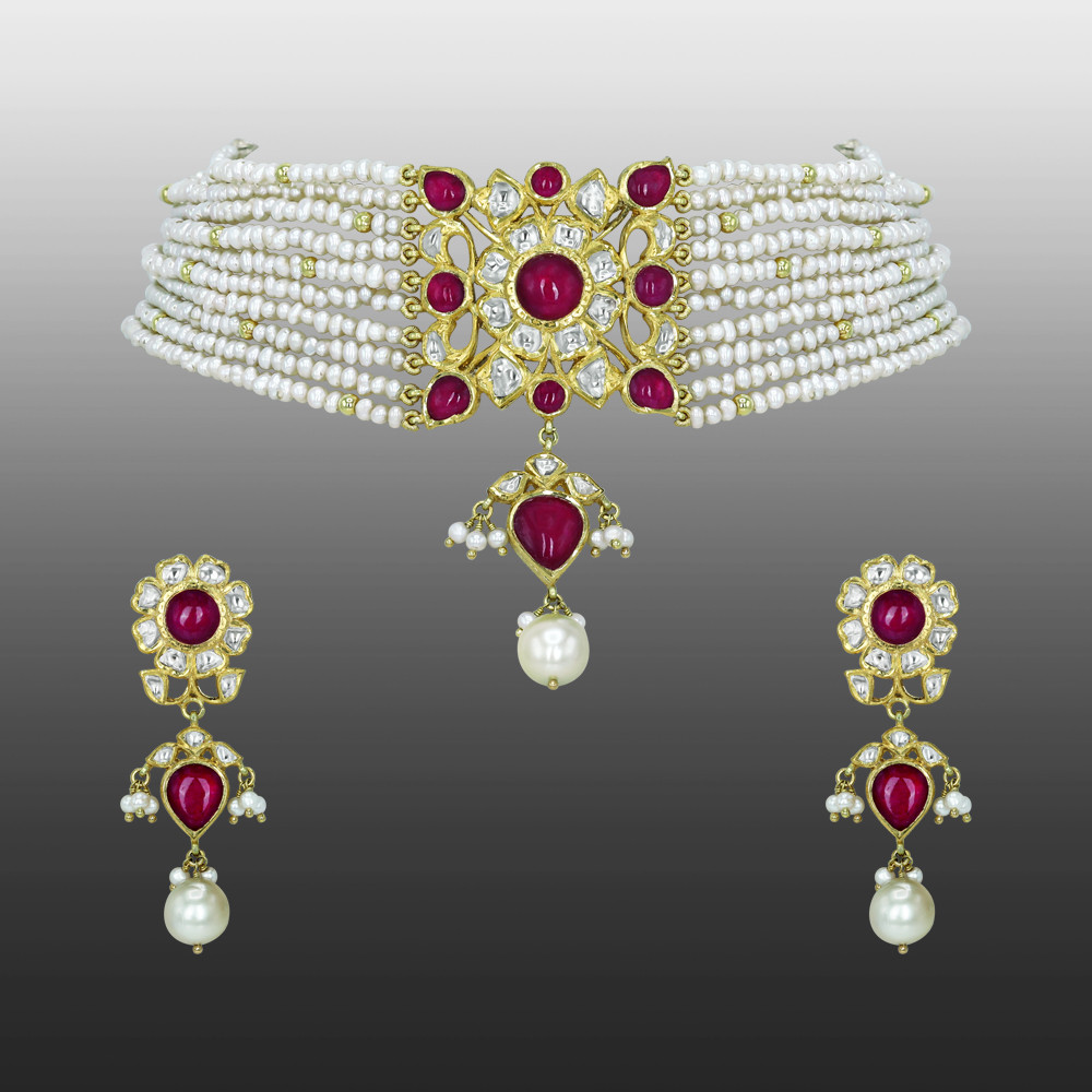 Pearl Strand Choker Set with Ruby, Polki Floral Motif, and Pearl Drop